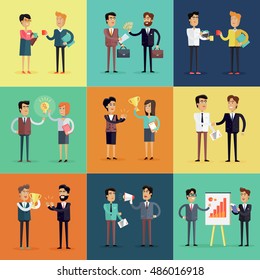 Set of business concepts vector in flat style. Collection of office situations and people work interactions. Illustrations for concepts, web, icons, infographics, logo design. Isolated on white.