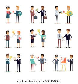 Set of business concepts vector in flat style. Collection of office situations and people work interactions. Illustrations for concepts, web, icons, infographics, logo design. Isolated on white.