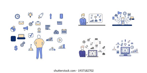 Set of business concepts and videoconferencing illustrations. Business icon set. Leader and businessman concept. Remote work and remote video communication with colleagues. Vector flat illustration