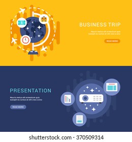 Set of Business Concepts for Web Banners. Presentation, Business Trip. Vector Illustration in Flat Design Style