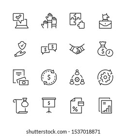 Set of Business Cooperation Vector Line Icons. Contains such Icons as Puzzle, Partnership, Money, Handshake, Dollars, Team, Synergy, Work, Interaction and more.Editable Stroke. 32x32 Pixel Perfect