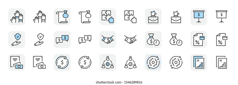 Set of Business Cooperation Vector Line Icons. Contains such Icons as Puzzle, Partnership, Money, Handshake, Dollars, Team, Synergy, Work, Interaction and more.Editable Stroke. 32x32 Pixel Perfect.
