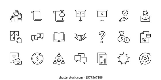 Set of Business Cooperation Vector Line Icons. Contains such Icons as Puzzle, Partnership, Money, Handshake, Dollars, Team, Synergy, Work, Interaction and more. Editable Stroke. 32x32 Pixel Perfect