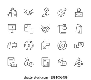 Set of Business Cooperation Vector Line Icons. Contains such Icons as Puzzle, Partnership, Money, Handshake, Dollars, Team, Synergy, Work, Interaction and more.Editable Stroke. 32x32 Pixel Perfect.