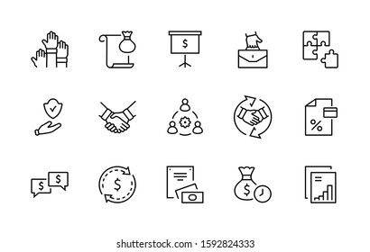 Set of Business Cooperation Vector Line Icons. Contains such Icons as Puzzle, Partnership, Money, Handshake, Dollars, Team, Synergy, Work, Interaction and more. Editable Stroke. 32x32 Pixel Perfect