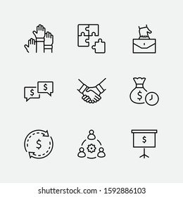 Set of Business Cooperation Vector Line Icons. Contains such Icons as Puzzle, Partnership, Money, Handshake, Dollars, Team, Synergy, Work, Interaction and more.Editable Stroke. 32x32 Pixel Perfect.