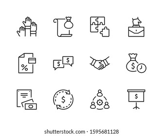 Set of Business Cooperation Vector Line Icons. Contains such Icons as Puzzle, Partnership, Money, Handshake, Dollars, Team, Synergy, Work, Interaction and more.Editable Stroke. 32x32 Pixel Perfect.