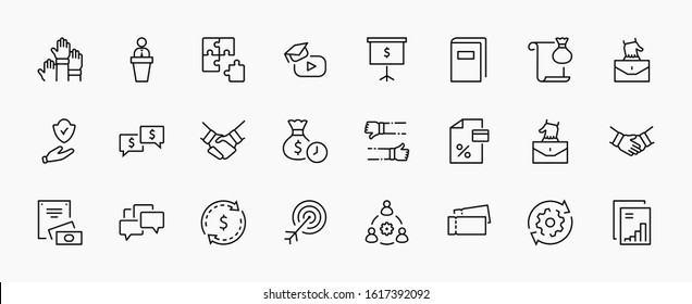 Set of Business Cooperation Vector Line Icons. Contains such Icons as Puzzle, Partnership, Money, Handshake, Dollars, Team, Synergy, Work, Interaction and more.Editable Stroke. 32x32 Pixel Perfect.