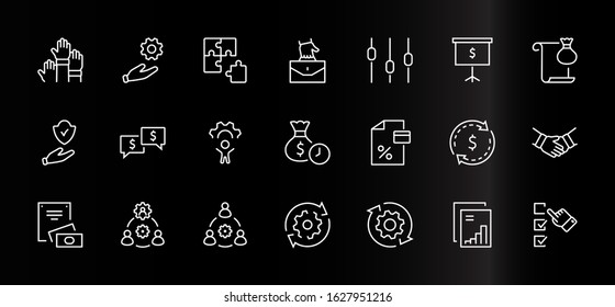 Set of Business Cooperation Vector Line Icons. Contains such Icons as Puzzle, Partnership, Money, Handshake, Dollars, Team, Synergy, Work, Interaction and more. Editable Stroke. 32x32 Pixels