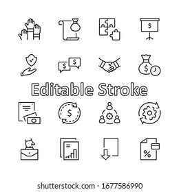 Set of Business Cooperation Vector Line Icons. Contains such Icons as Puzzle, Partnership, Money, Handshake, Dollars, Team, Synergy, Work, Interaction and more. Editable Stroke. 32x32 Pixels