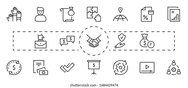 Conjunto de iconos de línea de vectores de cooperación empresarial. Contiene iconos como Puzzle, Partnership, Money, Handshake, Dollars, Team, Synergy, Work, Interaction y más. Trazo editable. 32 x 32 píxeles
