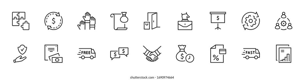 Set of Business Cooperation Vector Line Icons. Contains such Icons as Puzzle, Partnership, Money, Handshake, Dollars, Team, Synergy, Work, Interaction and more. Editable Stroke. 32x32 Pixels