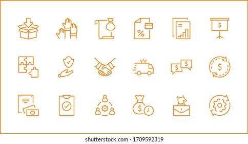 Set of Business Cooperation Vector Line Icons. Contains such Icons as Puzzle, Partnership, Money, Handshake, Dollars, Team, Synergy, Work, Interaction and more. Editable Stroke. 32x32 Pixels