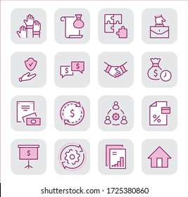 Conjunto de iconos de línea de vectores de cooperación empresarial. Contiene íconos como Puzzle, Partnership, Money, Handshake, Dollars, Team, Synergy, Work, Interaction y más.Stroke editable. 32x32 Pixel Perfecto.