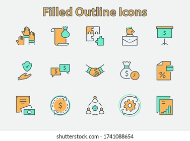 Conjunto de iconos de línea de vectores de cooperación empresarial. Contiene íconos como Puzzle, Partnership, Money, Handshake, Dollars, Team, Synergy, Work, Interaction y más.Stroke editable. 32x32 Pixel Perfecto.