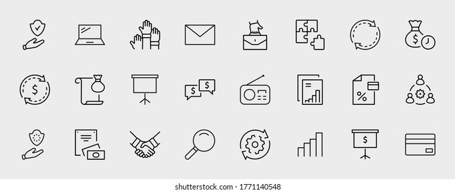 Set of Business Cooperation Vector Line Icons. Contains such Icons as Puzzle, Partnership, Money, Handshake, Dollars, Team, Synergy, Work, Interaction and more. Editable Stroke. 32x32 Pixels
