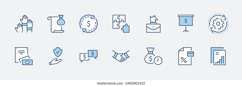 Set of Business Cooperation Vector Line Icons. Contains such Icons as Puzzle, Partnership, Money, Handshake, Dollars, Team, Synergy, Work, Interaction and more. Editable Stroke. 32x32 Pixel Perfect