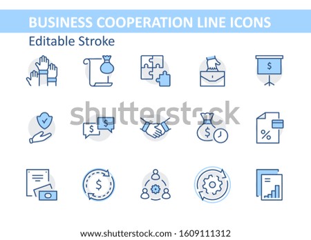 Set of Business Cooperation Vector Line Icons. Contains such Icons as Puzzle, Partnership, Money, Handshake, Dollars, Team, Synergy, Work, Interaction and more.Editable Stroke. 32x32 Pixel Perfect.