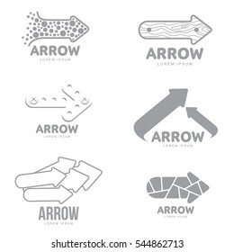 Set of business, corporate logo templates with metal, wooden, bubble and abstract arrows, vector illustration isolated on white background. Graphic arrow logotype, logo design