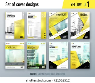 Set of business cover design template in yellow color for brochure, report, catalog, magazine or booklet. Creative vector background concept