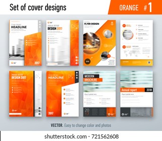 Set of business cover design template in orange color for brochure, report, catalog, magazine or booklet. Creative vector background concept
