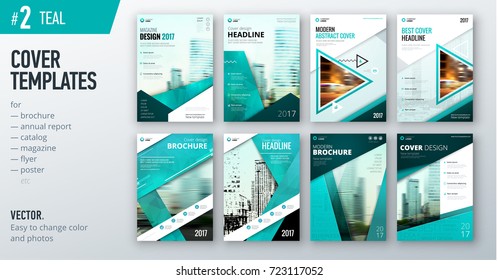 Set of business cover design template in teal color for brochure, report, catalog, magazine or booklet. Creative vector background concept