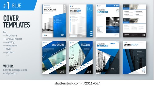 Set Of Business Cover Design Template In Blue Color For Brochure, Report, Catalog, Magazine Or Booklet. Creative Vector Background Concept