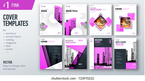 Set of business cover design template in pink color for brochure, report, catalog, magazine or booklet. Creative vector background concept