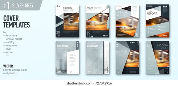 Set of business cover design template for brochure, report, catalog, magazine or booklet. Creative vector background concept. Silver grey
