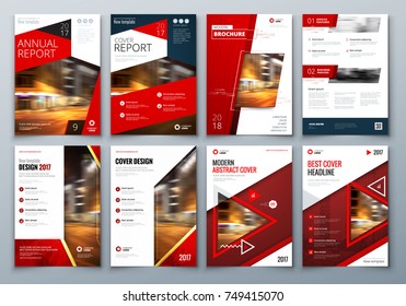 Conjunto de plantillas de diseño de portada comercial en color rojo para folleto, informe, catálogo, revista o folleto. Concepto de fondo vectorial creativo