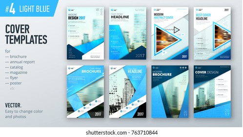 Set of business cover design template in light blue color for brochure, report, catalog, magazine or booklet. Creative vector background concept