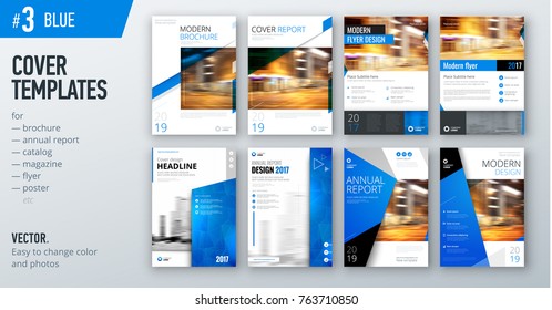 Set of business cover design template in blue color for brochure, report, catalog, magazine or booklet. Creative vector background concept