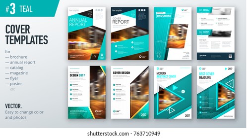 Set of business cover design template in teal color for brochure, report, catalog, magazine or booklet. Creative vector background concept