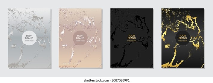 Set of business covers design. Geometric embossed modern background with 3d pattern, golden grunge texture. Collection of vertical templates for menu, brochure, flyer layout, presentation.
