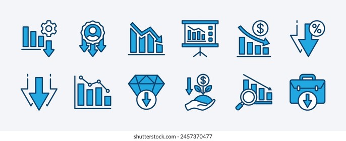 Set of business data decline icon. Containing decrease performance, chart, grow, graph, statistic, career, bars, loss or down arrow, rate, declining, infographic. Vector illustration