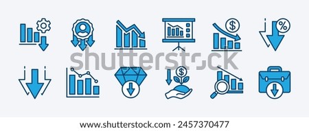 Set of business data decline icon. Containing decrease performance, chart, grow, graph, statistic, career, bars, loss or down arrow, rate, declining, infographic. Vector illustration