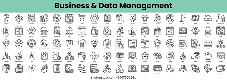 Conjunto de iconos de administración de datos y negocios. Paquete de iconos de estilo lineal. Ilustración vectorial