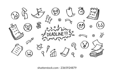 Set of business deadline doodle elements. Hand drawn troubled emoticon, arrow, flying paper pile, pin, calendar. Vector illustration in sketch style