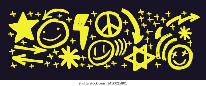 Set  of business deadline doodle elements yellow colored. Hand drawn emoticon, arrow, plus, stars. Vector illustration in sketch style.