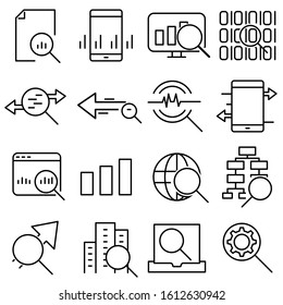 Set of business developing, business analytics icons, analyize, research black outline web icons isolated on white background EPS 