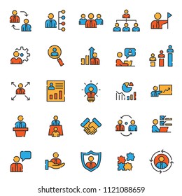 set of business development management icons, with simple thin filled color and modern concept, use for web, presentation, pictogram illustration, and infografic assets.