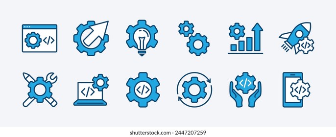 Set of business and development technology icon. Containing progress, coding, programming, process, build, release, startup, maintenance, idea, gear settings. Vector illustration