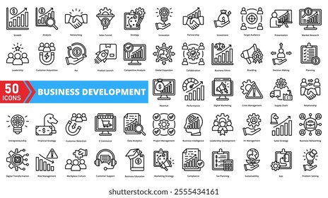 Set of business development web icons in line style. Containing growth, strategy, expansion, innovation, market, opportunities, sales, networking, partnership, goals