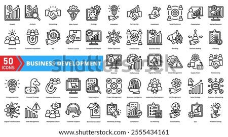Set of business development web icons in line style. Containing growth, strategy, expansion, innovation, market, opportunities, sales, networking, partnership, goals