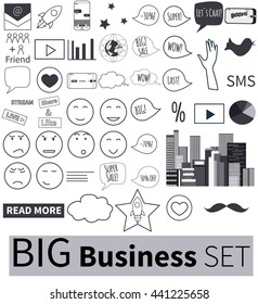 Set of business and digital marketing icons. Social media icons, smile, rocket ship, bird, mail, smart phone, cloud. Vector illustration