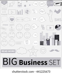 Set of business and digital marketing icons. Social media icons, smile, rocket ship, bird, mail, smart phone, cloud. Vector illustration