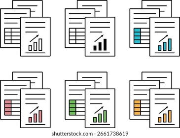 A set of business document icons in various color schemes