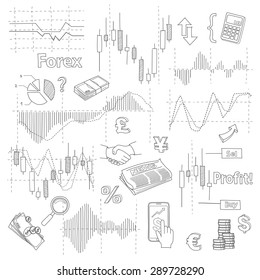 Set of business doodle elements. Forex market hand drawn illustration vector.