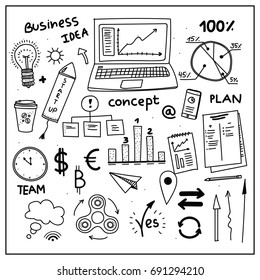 Set of business doodle elements. Hand drawn style. Idea, business, creative thinking, graphs, arrows and all other kinds of business elements.