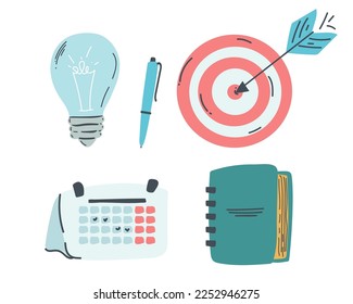 Set of business doodle elements made in vector. Idea, businessman, creative thinking, progress, graphs and all other kinds of business related elements